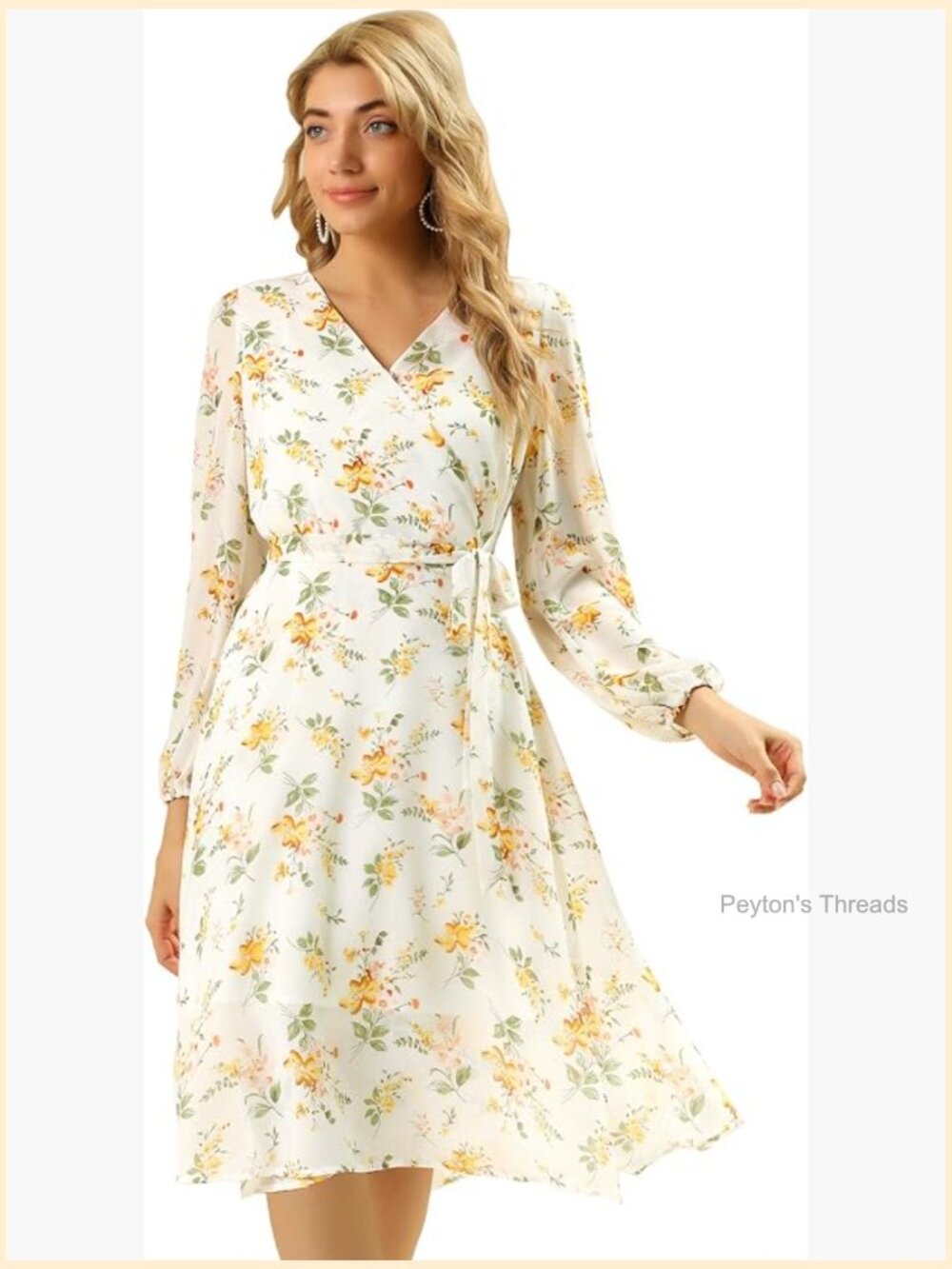 Women's Chiffon Floral Deep V Neck Tie Waist Bishop Sleeve Wrap Midi Dress
